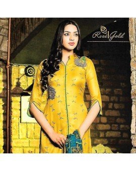Salwar Suit- Pure Cotton with Embroidery - Golden Yellow  (Un Stitched)